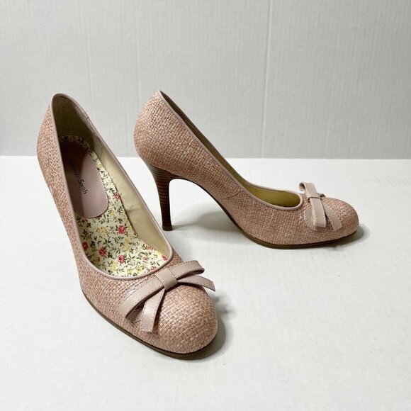 Amanda Smith Women's Belle High Heels Size 8M Pink Raffia Bow Straw Tweed Pumps - Picture 2 of 12